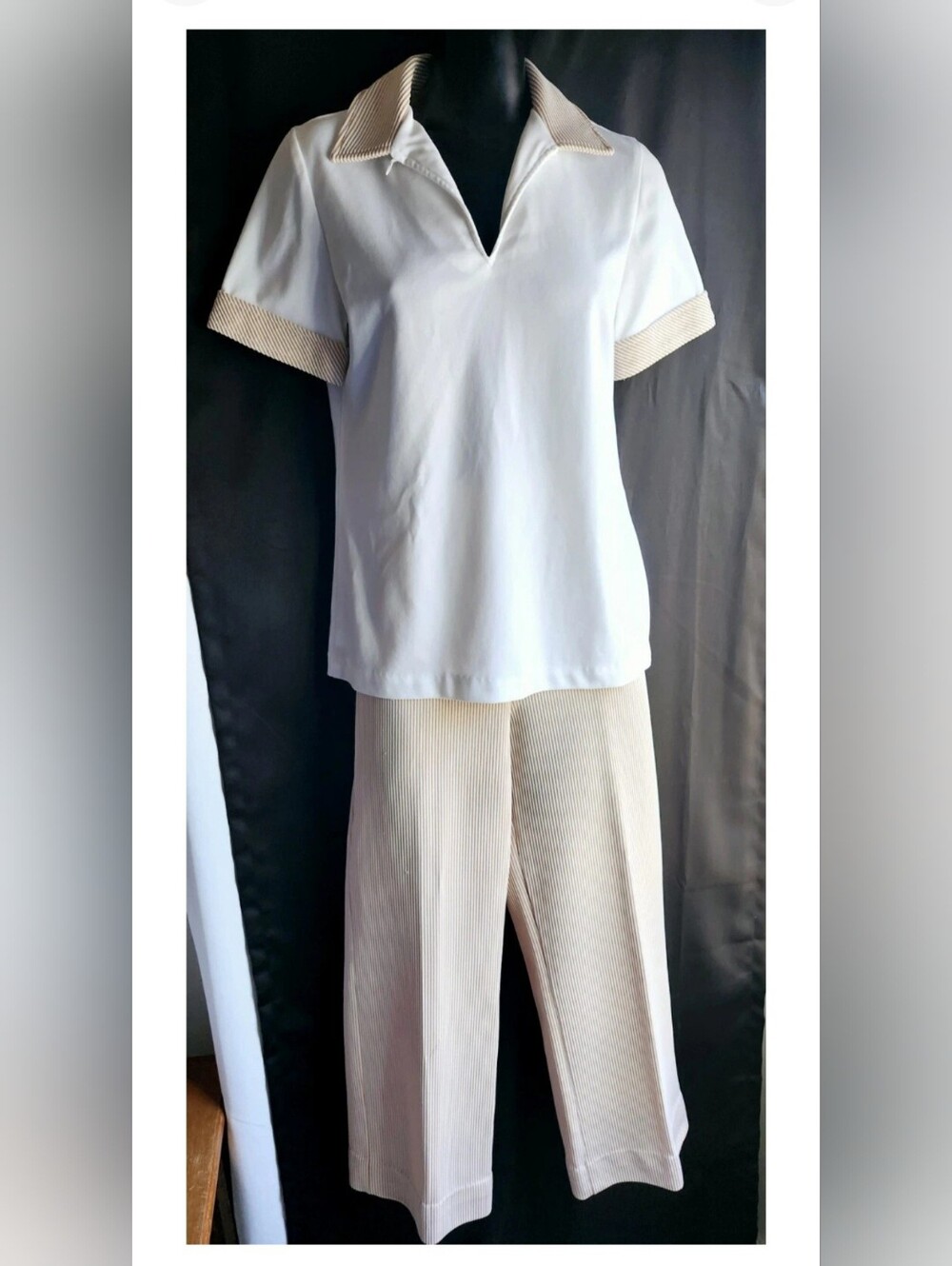 Costume Nerd Grandma Prep Vintage 70's Stripe Stretch PantSuit Pants Top Set Med
